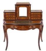 A Victorian walnut, ebonised banded, inlaid and gilt metal mounted bonheur du jour:,