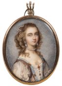 English School - A miniature portrait of a young lady,:- bust-length with long fair hair,