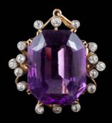 An amethyst and diamond pendant/brooch: the large octagonal amethyst approximately 22.