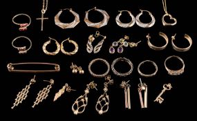 Various gold hoop earrings,: a safety pin bar brooch stamped '9ct',
