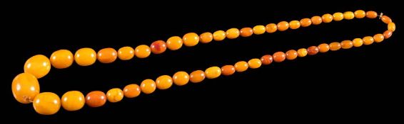 A graduated amber bead single-string necklace: with 52 oblong beads graduated from approximately