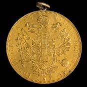 A 4 ducat gold coin dated 1915: mounted as a pendant, approximately 14gms gross weight.