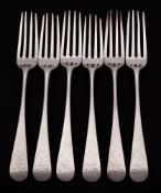 A set of six George III silver Old English pattern table forks, maker Peter & Ann Bateman, London,