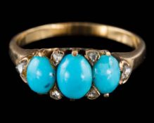 A Victorian turquoise and rose diamond ring: with graduated turquoise between rose diamond points,