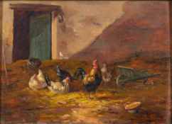 Froment [20th Century]- Chickens in a farmyard,:- signed, oil on board, 15 x 20cm,