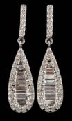 A pair of modern white metal and diamond-set drop earrings: set with round brilliant and
