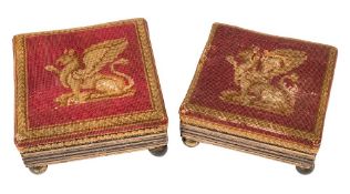 Two similar Regency ebonised and gilt square footstools:,