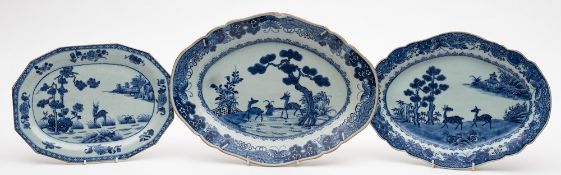 A group of three Chinese blue and white shaped dishes: painted with deer within a garden and pagoda