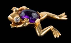 An 18ct gold, cabochon amethyst and diamond set frog pendant: approximately 21mm long,