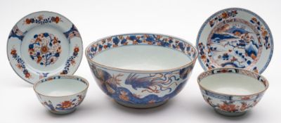 A group of Chinese Imari porcelains: comprising an export punch bowl,