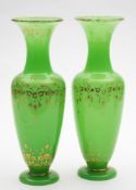 A pair of French green and gilt opaline glass vases: of baluster form,