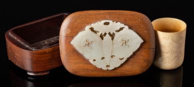 A Chinese hardwood and jade box and cover and a small Chinese ivory jar: the cover set with a