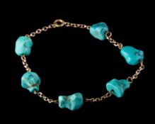 A turquoise mounted bracelet: of chain-link design and on bolt ring clasp.
