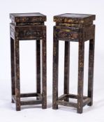 A pair of Chinese lacquered and raised gilt decorated square jardiniere stands:,