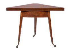 An Edwardian mahogany and inlaid triangular corner tea table:, the hinged top with cut corners,