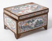 A Chinese brass and Canton enamel mounted rectangular box: the enamel plaques decorated with panels
