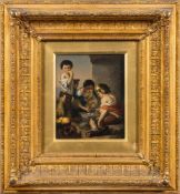 After Murillo, 19/20th Century- Children Playing Dice,:- oil on canvas, 18.5 x 15cm.
