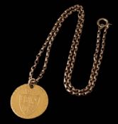 A spade guinea attached to an oval-link chain, chain un-marked.