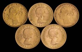 Five Victorian sovereigns dated 1876, 1884, 1966, 1966 and 1968.
