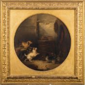 Attributed to George Armfield [1808-1893]- Terriers stalking rats in barn interiors,:- a pair,