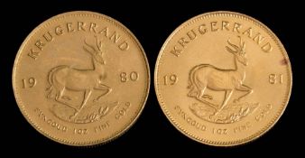 Two African Krugerrand 1oz coins, 1980 and 1981.