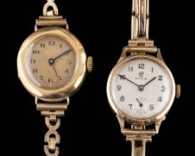 A lady's 18ct gold wristwatch on 9ct gold bracelet and a lady's 9ct gold 'Cyma' wristwatch: on