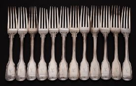 A set of twelve Victorian silver double struck Fiddle and Thread table forks, maker Elizabeth Eaton,
