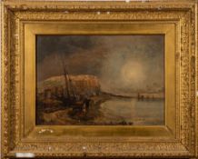 John Callow [1822-1878]- A coastal town, possibly Hastings, fishing boats in the foreground,
