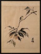 Two Chinese paintings, signed Ri : each depicting a bird perched on a persimmon tree,