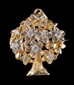 A 'tree' pendant/brooch: with white stone-set flower head motifs, the suspension loop stamped '750',