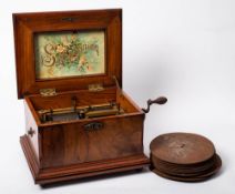 A late 19th/early 20th century walnut cased symphonium: the quarter veneered top with print of a