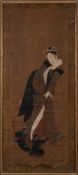 A Japanese Ukiyo-e painting, signed Kitagawa Fujimaro [1790-1850]: depicting an elegant lady,