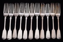 A matched set of eleven Fiddle pattern dessert forks,