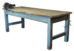 A similar industrial mahogany rectangular work bench:, fitted with a No 23 Record Vice,