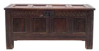 A late 17th/early 18th Century oak rectangular coffer of small size:,