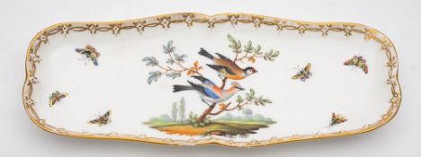 An English porcelain pen tray: painted with a vignette of two colourful birds in a landscape,