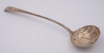 A Georgian Old English pattern silver soup ladle, all marks rubbed and worn: initialled,