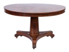 A Victorian rosewood circular breakfast table:, the snap top on turned tapering central column,