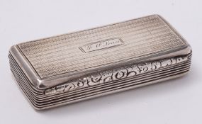 A George IV silver snuff box, maker William Simpson, Birmingham, 1827: inscribed,
