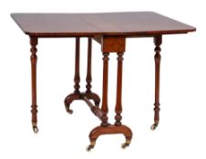 A Victorian walnut Sutherland table:, the burr figured hinged top with rounded corners,