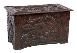 An Arts and Crafts embossed copper rectangular trunk of Newlyn type:,
