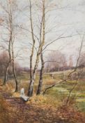 Attributed to George Dunkerton Hiscox [1840-1909]- Girls gathering wood in an Autumn landscape,