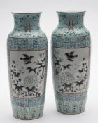 A pair of Chinese slender ovoid vases in Dayazhai style: painted en grisaille with panels of birds