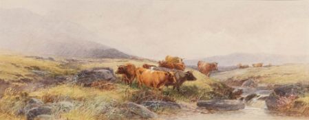 Tom Rowden [1842-1926]- Dartmoor cattle,:- signed and dated '91, watercolour, 18 x 45cm.