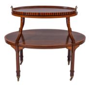 An Edwardian rosewood and inlaid oval two tier graduated etagere:, banded in satinwood,
