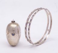 A German silver needle and thread holder, stamped marks: in the form of an egg, with hinged lid,
