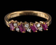 A 9ct gold, ruby and diamond half hoop ring: set with baguette-cut rubies between pairs of round,