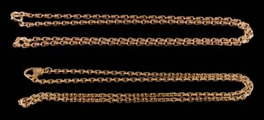 Two yellow metal chains: one with clasp stamped '9K', the other on bolt ring clasp stamped '9ct',