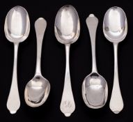 Five early 18th century silver Dog Nose table spoons,: all marks rubbed and worn,