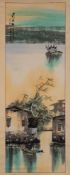 Two Chinese scroll paintings, signed Xue Mo: of buildings and boats by a lake,